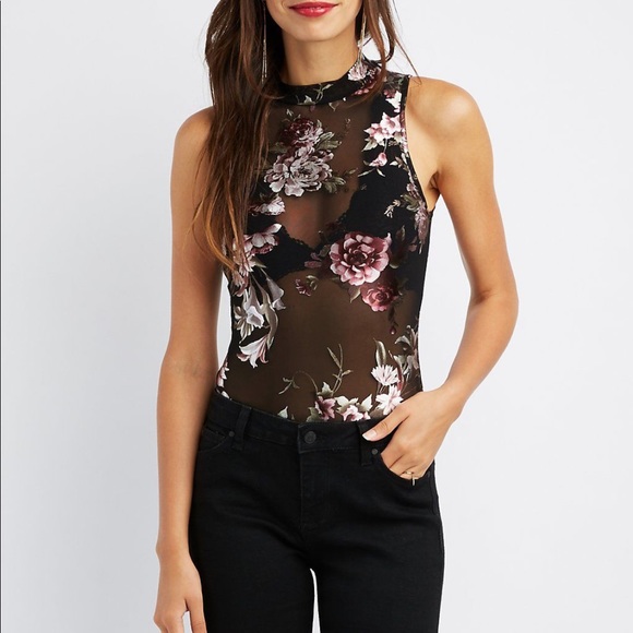 Charlotte Russe Tops - Sheer Black Floral Bodysuit Size